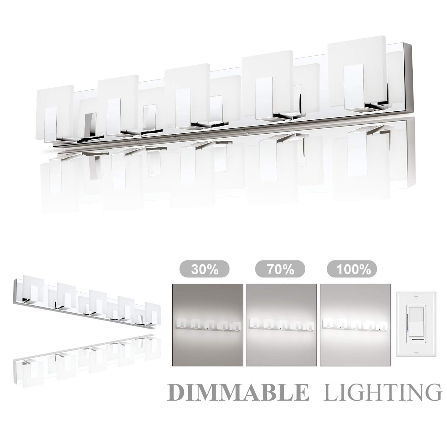 Aipsun Dimmable 5 Lights Led Bathroom Vanity Light Fixture - Chrome Stainless Steel, Model Ca-1105-5T-D, Over Mirror Lighting