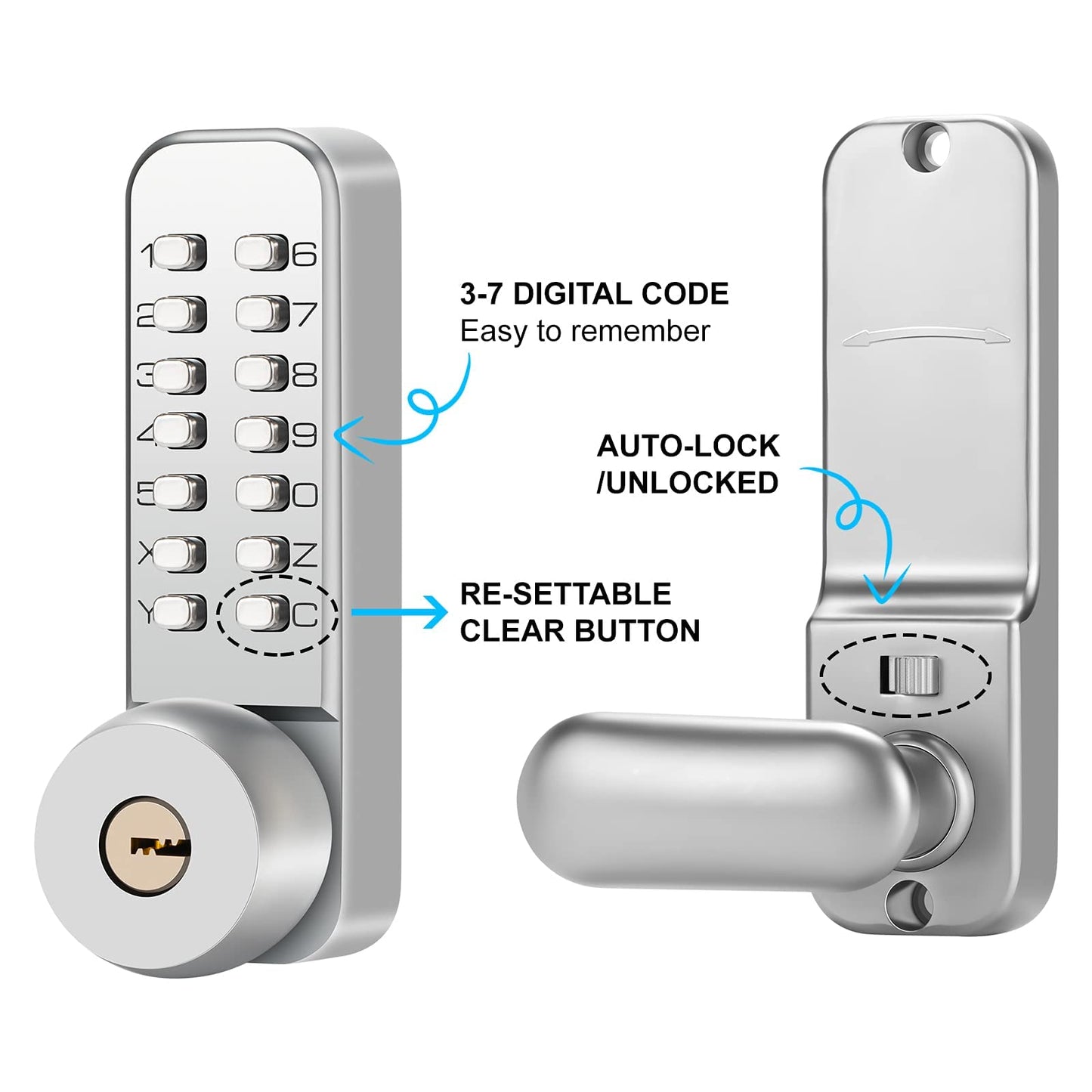 MeHiMe Mechanical Keyless Door Lock - No Electronic, Easy to Install, Keypad Handle for Garage, Hotel, Office, Warehouse