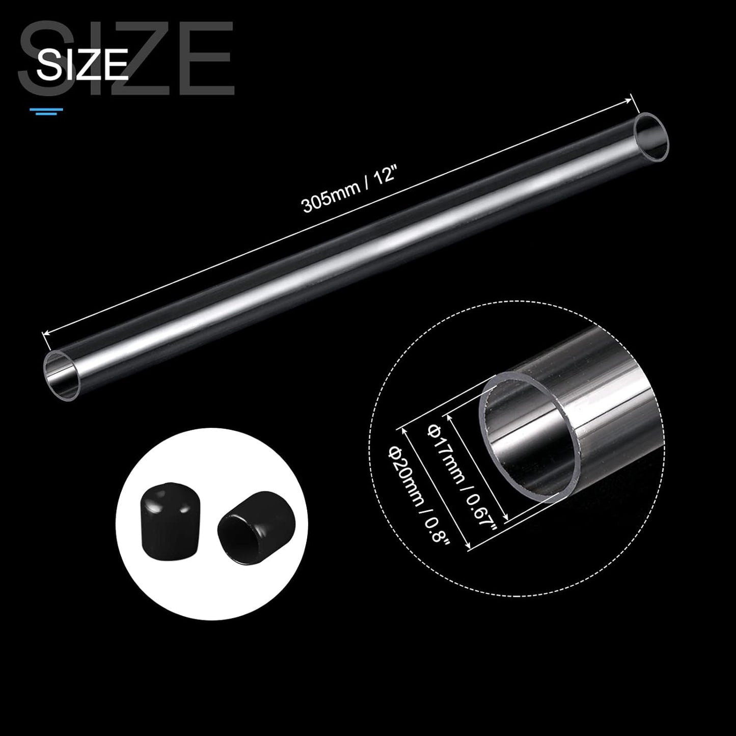 PATIKIL Clear Rigid Tube Round Plastic Tubing with Black Rubber Caps Polycarbonate Water Pipe, 305mm/ 12 Inch Length, 17mmx20mm/0.67"x0.8", 2 Set