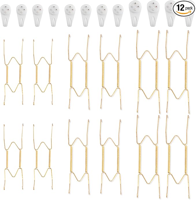 Bilillo 12 Pieces Plate Hangers, 8/10/12 Inch Invisible Wire Holders for Wall Display in Various Sizes with 12 Pieces Wall Hooks for 7.5 to 12.5 Inch Decor and Arts (Gold)