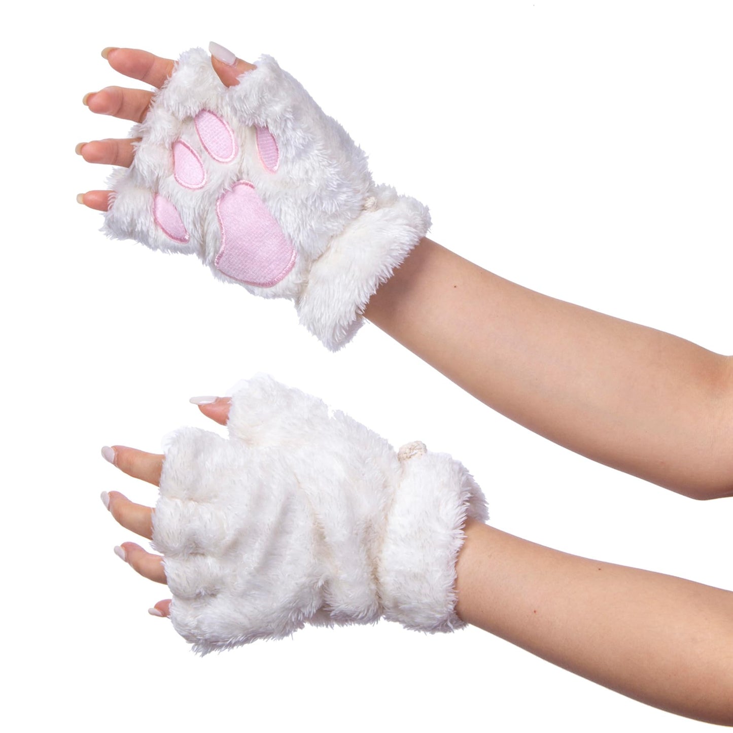 Vonokee Women Halloween Costume Cat Paws Gloves,Novelty Faux Fur Bear Paw Fingerless Mittens, Plush Lion Claw Gloves (White)