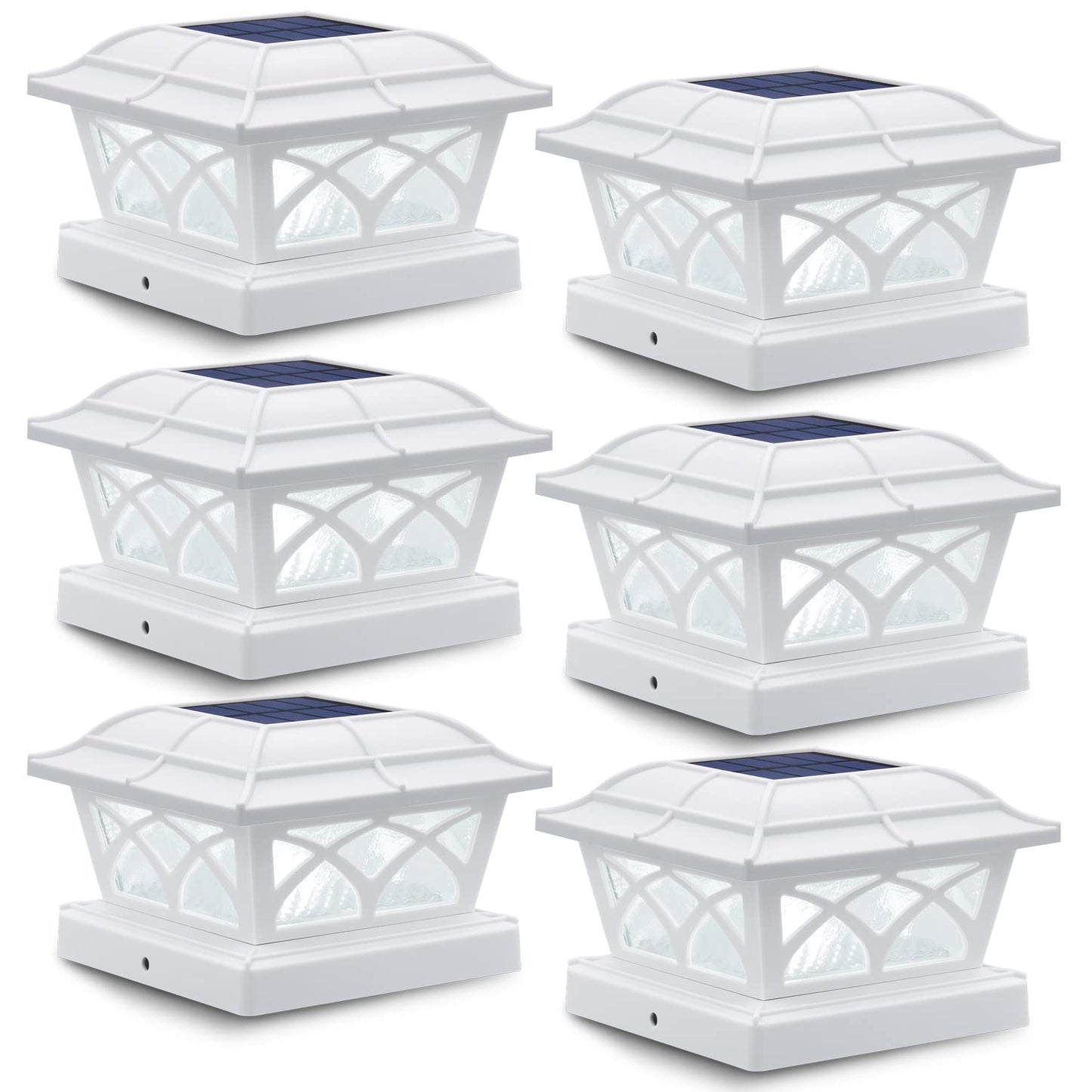 SIEDiNLAR Solar Post Cap Lights, 8 LEDs, 2 Color Modes, Glass, 6 Pack, White, Model SD012W-6PK