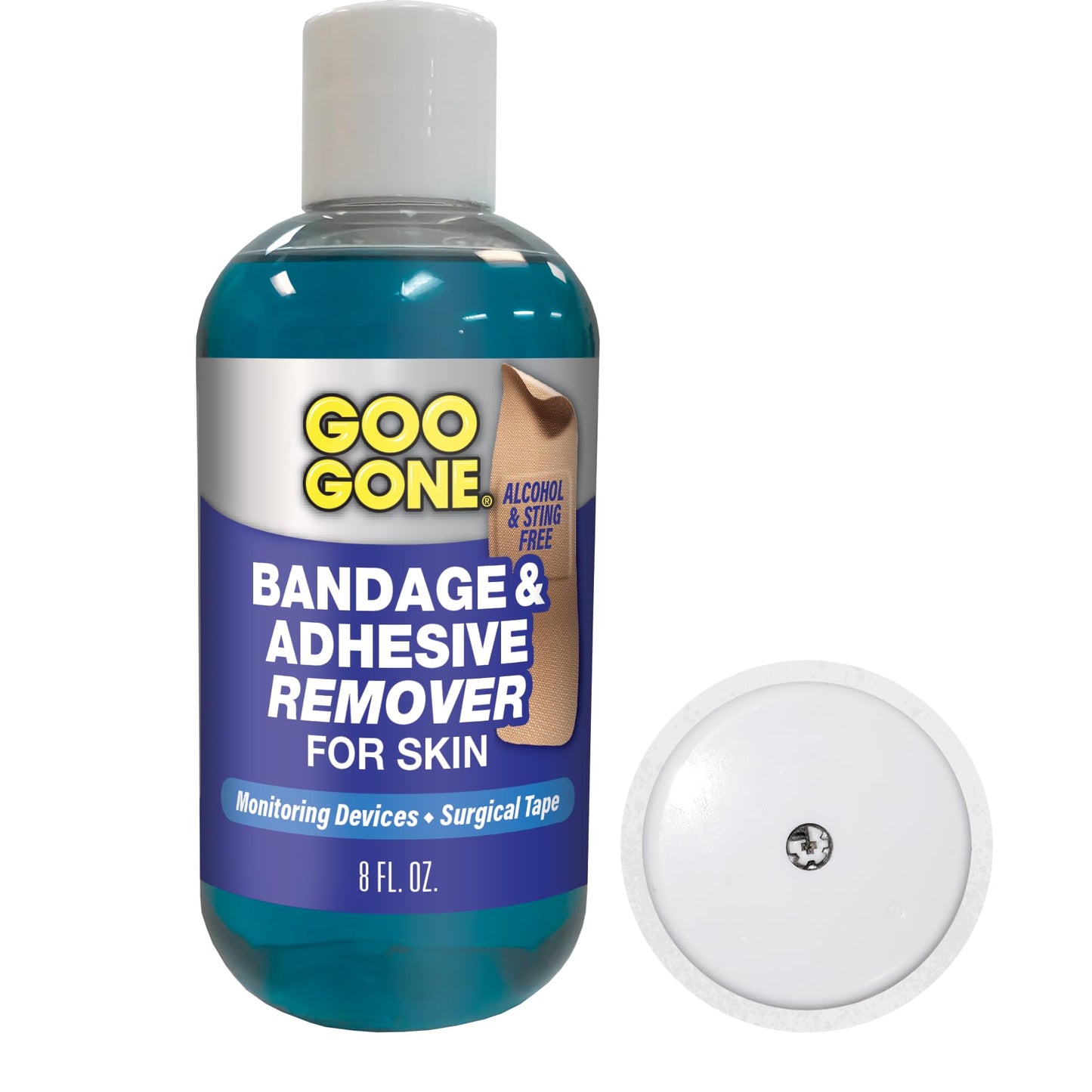 Goo Gone Skin Adhesive Remover - Safe and Pain Free Removal for Sticky Residue from Continuous Glucose Monitors, KT Tape, Medical Tape, Heart Rate Monitors, Insulin Pumps, 8 oz.