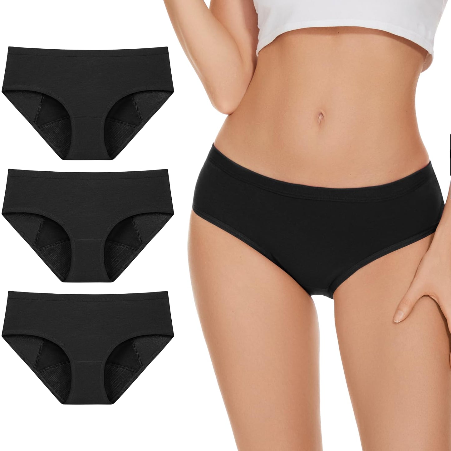 ALLBASE Women's High Absorbency Period Underwear - Leak-Proof & Reusable Menstrual Pants for Heavy Flow Days - 3 Pack,Black,Medium
