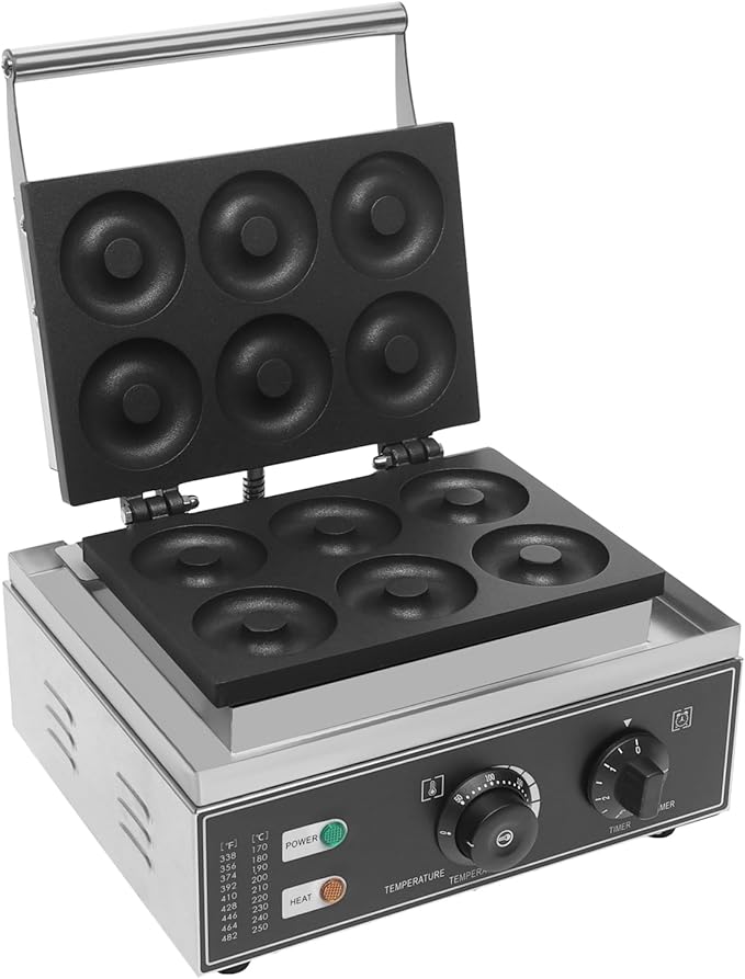 Commercial Waffle Donut Machine, 6 Holes Double-Sided Heating 50-300℃, 110V 1550W, Electric Doughnut Maker, Non-stick Donut MakerTeflon-Coating for Professional Kitchen