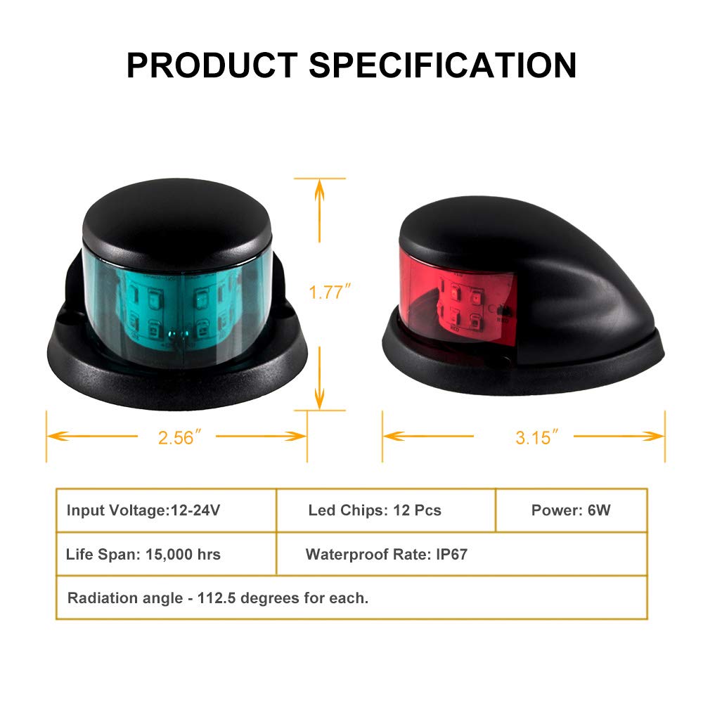 Sebnux LED Boat Navigation Light - Red and Green Marine Bow Light for Pontoon and Small Boats, Model ACK001, Black Color