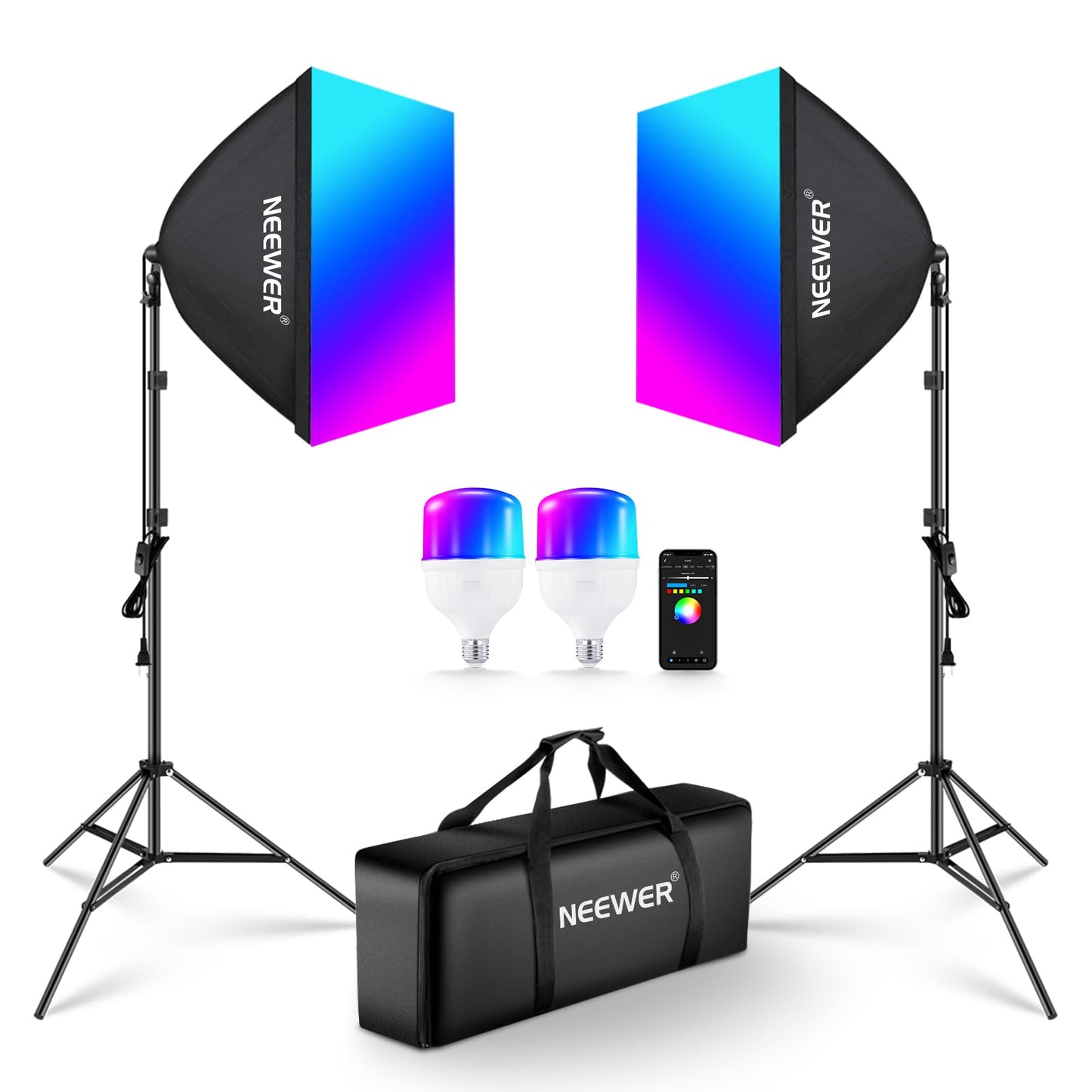 NEEWER RGB Softbox Lighting Kit with App Control & 9 Effect Modes, 2 Pack 26W FCC/IC/UL Certified LED Bulbs CRI93+ TLCI98+, E26 Porcelain Sockets, 24" Softboxes, for Studio Photography Lighting, NK800