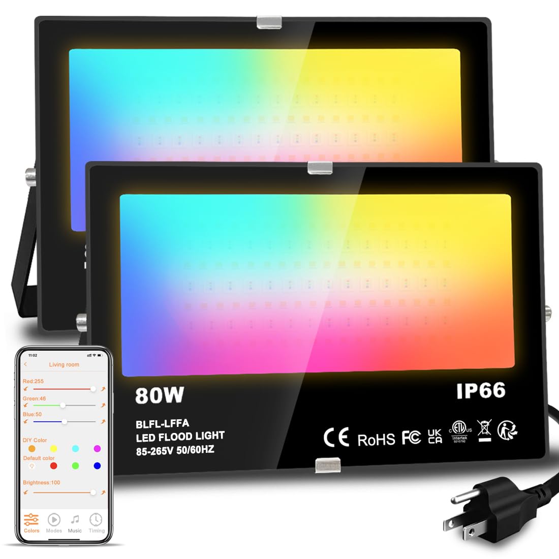 Melpo Led Flood Light 800W Equivalent 8000Lm Smart Rgb Landscape Lighting 2 Pack, Black, Ip66 Waterproof, App Control, 5700K Daylight