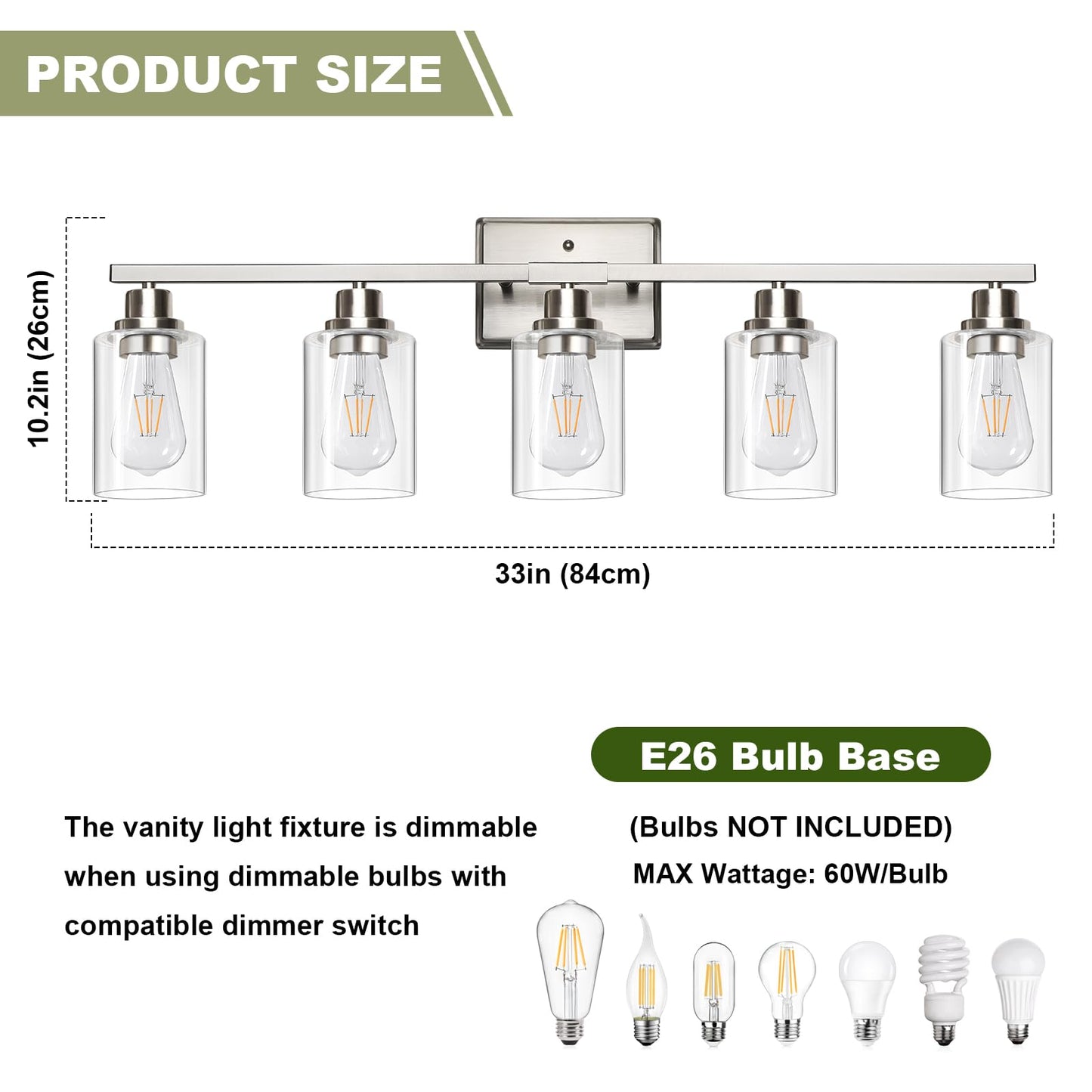 Unicozin Modern Bathroom Light Fixtures, 5 Light Vanity Lights Over Mirror, Brushed Nickel Wall Lamp with Clear Glass for Living Room Cabinet Bedroom Porch