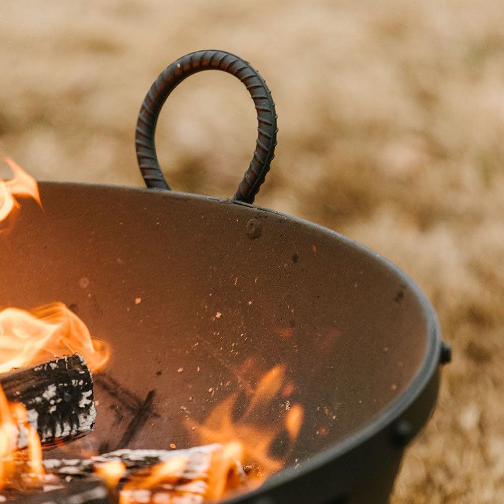 Ash & Ember 32in Hemisphere Fire Pit with Screen and Poker, Cast Iron High-Temperature Black Paint Fire Bowl, Wood Burning Backyard Fireplace, Portable Outdoor Firepit
