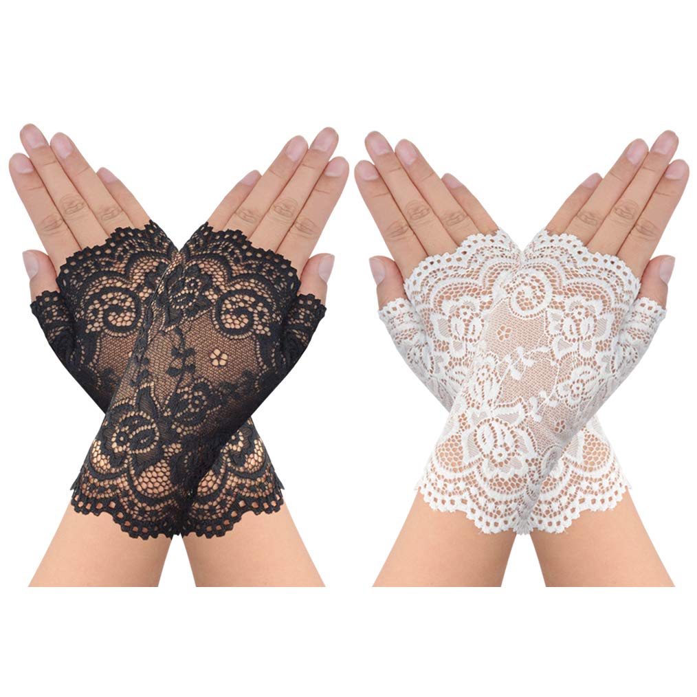 obmwang 2 Pairs Women's Lace Gloves Fingerless Floral Gloves for Bridal Prom Wedding Party Costume Accessories