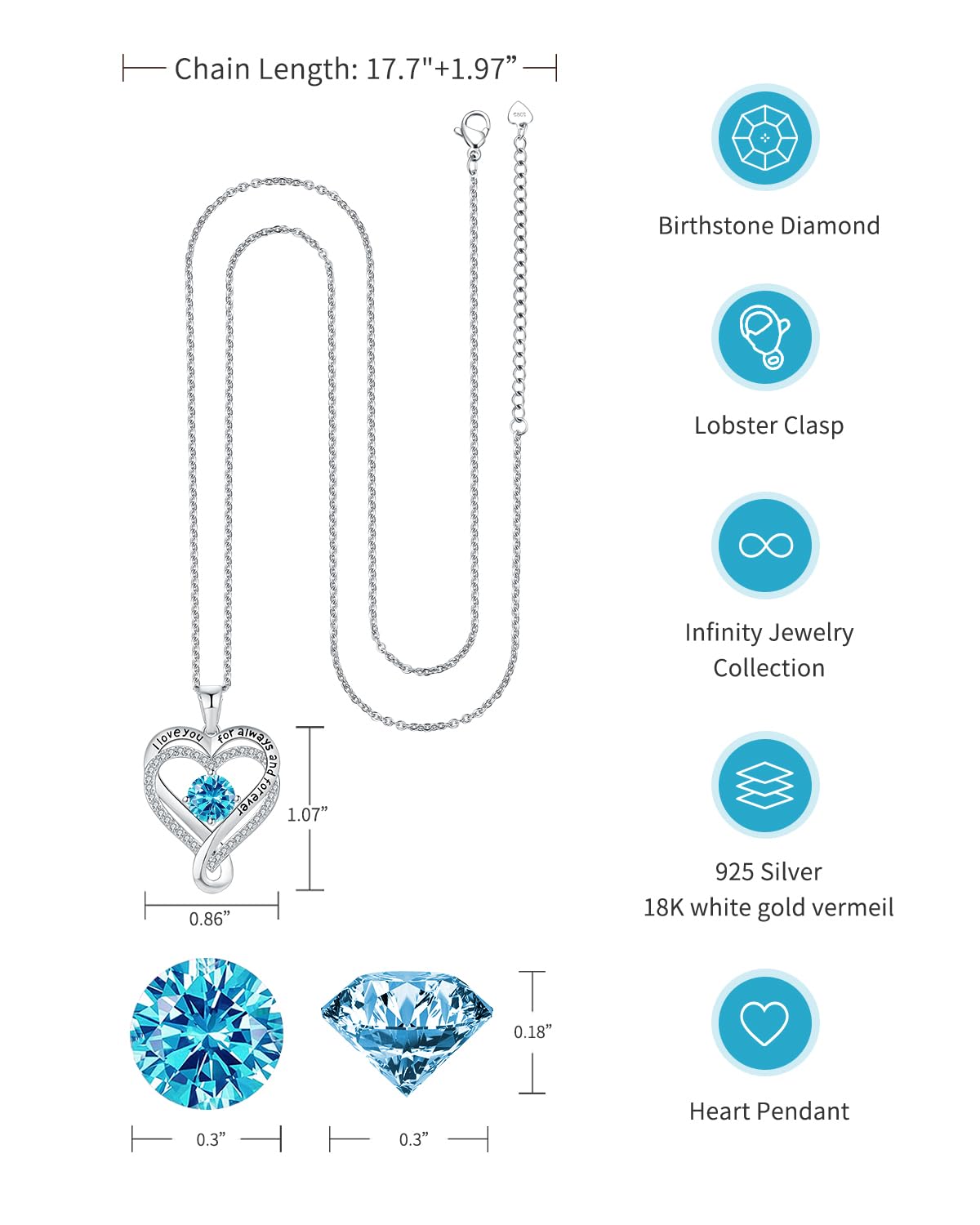 Necklaces for Women S925 Infinity Heart Turquoise Birthstone Jewelry for Women Wife Birthday Gift Ideas Anniversary Romantic Lov