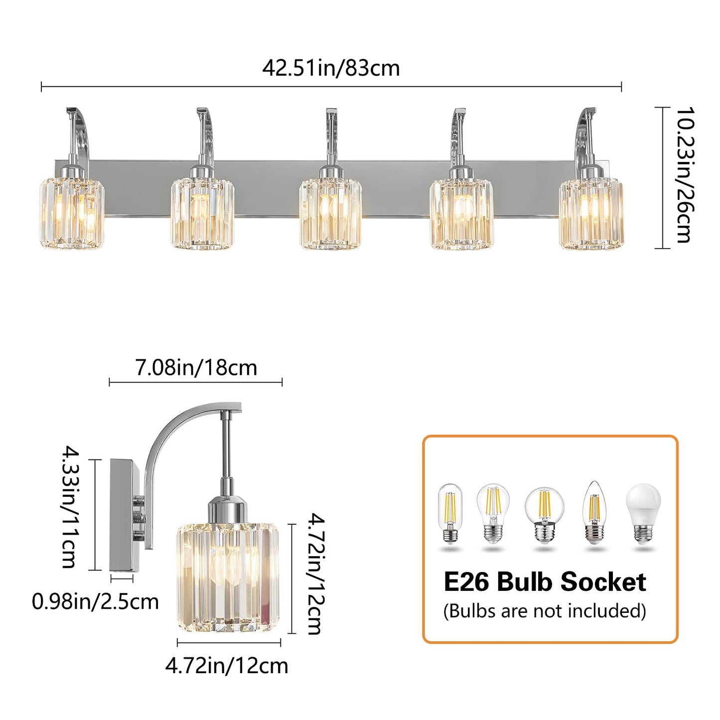 Fdpby 5-Light Crystal Vanity Light  Modern Chrome Bathroom Wall Sconce With K9 Crystal Shades  42.51 Long Over Mirror Lighting For Vanity  Makeup  Hallway  Elegant & Easy Installation