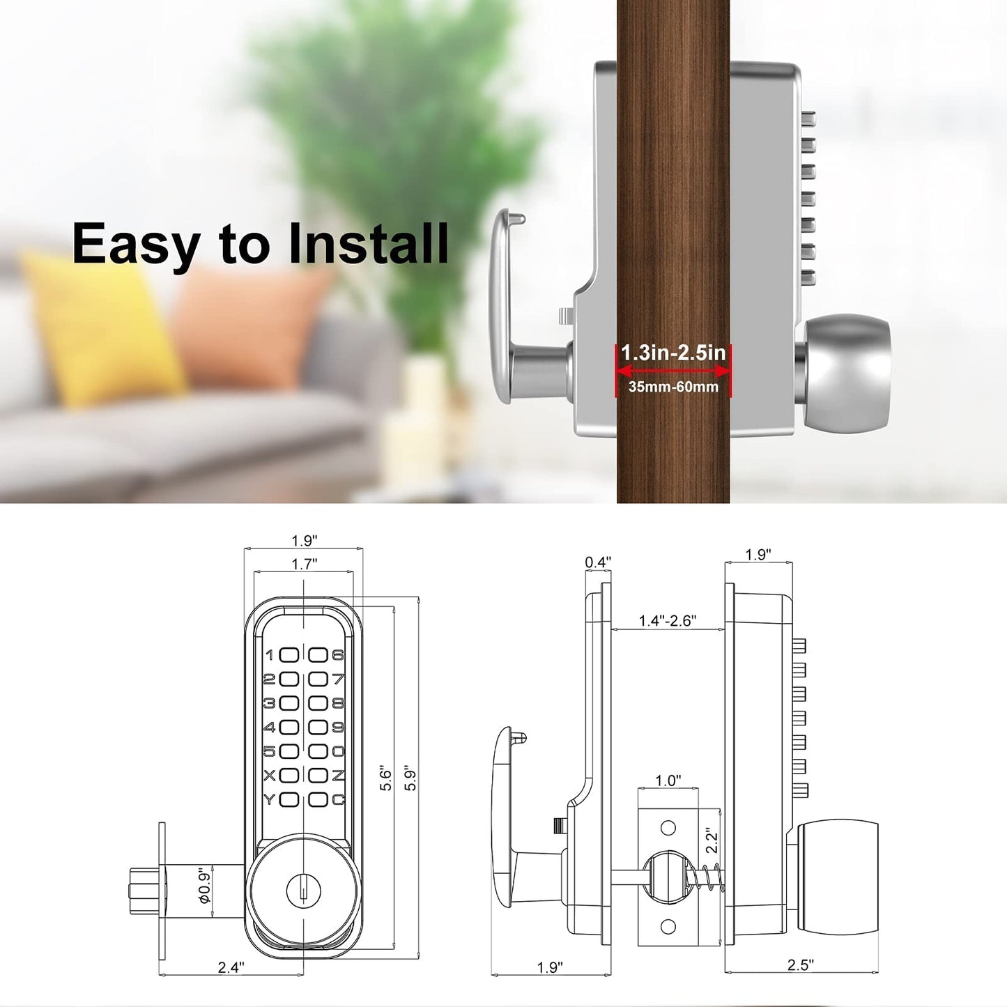 MeHiMe Mechanical Keyless Door Lock - No Electronic, Easy to Install, Keypad Handle for Garage, Hotel, Office, Warehouse