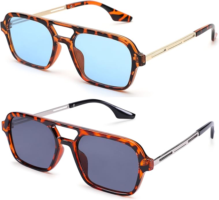 COASION Vintage 70s Flat Aviator Small Frame Sunglasses for Women Men Square Metal Design UV400 Protection Shades