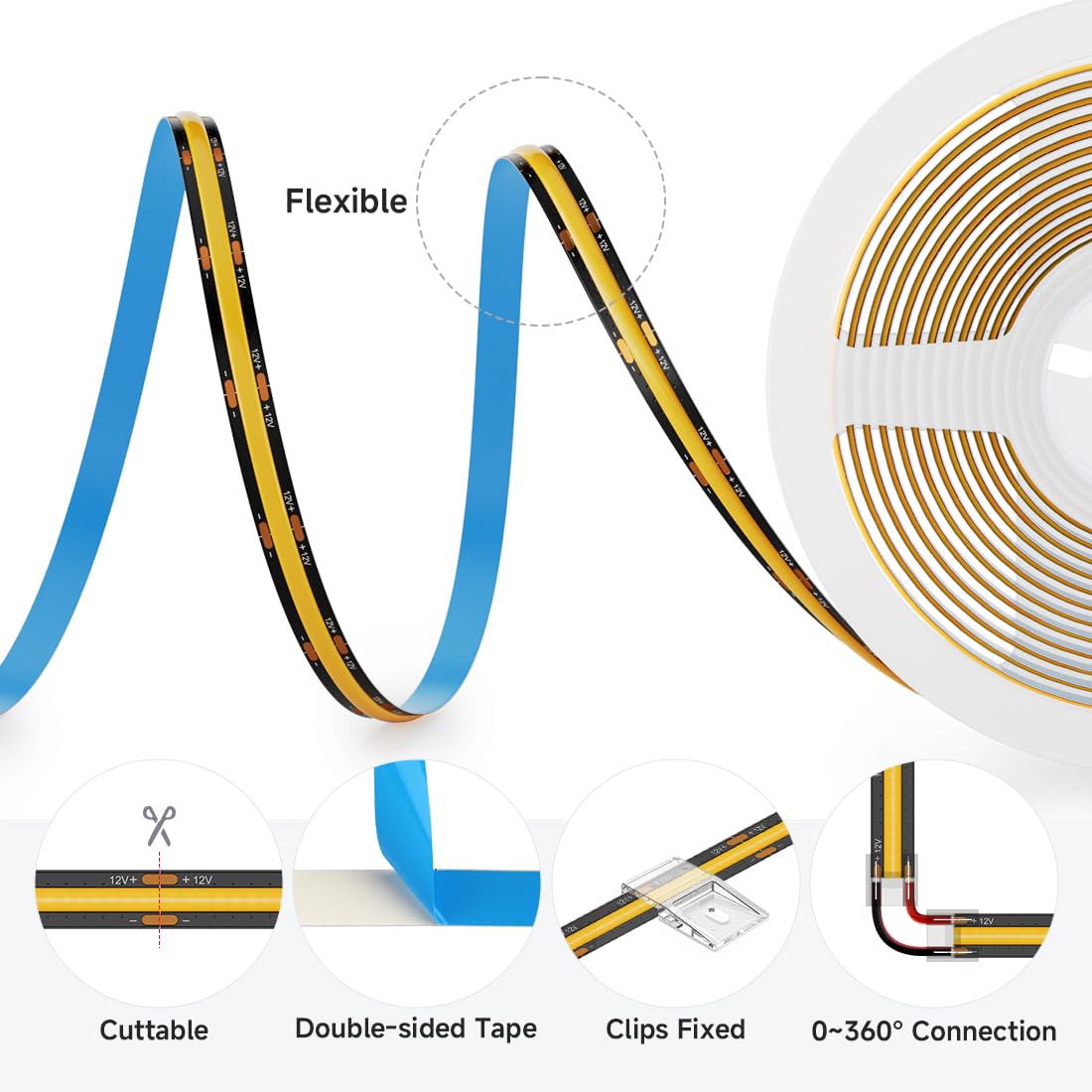 Btf-Lighting Fcob Cob Led Strip 528Led/M Dc12V Daylight White 6000K Flexible High Density Uniform Light 14W/M 16.4Ft Cri 90+ 10Mm Width Black Fpcb For Indoor Decor(No Adapter Or Controller)