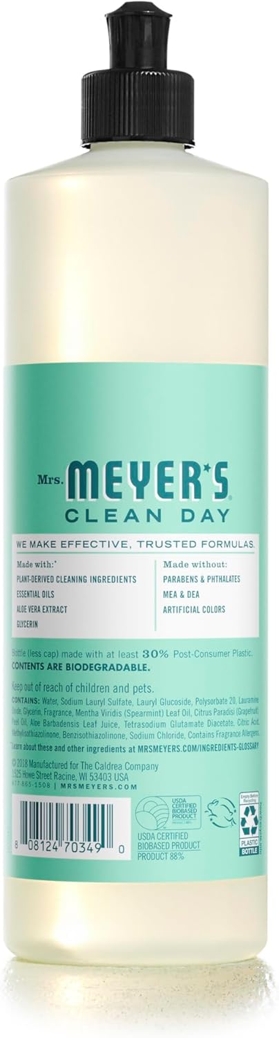 MRS. MEYER'S CLEAN DAY Liquid Dish Soap, Biodegradable Formula, Limited Edition Mint, 16 fl. oz - Pack of 6
