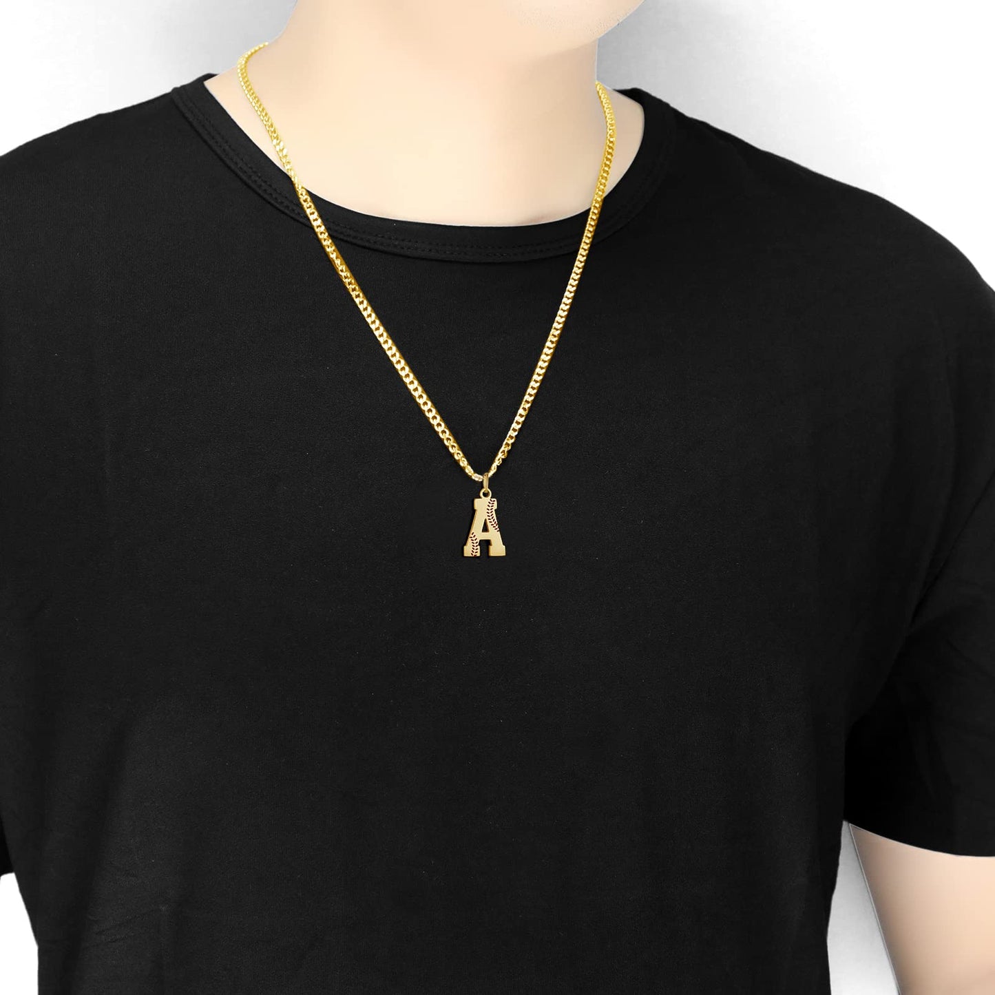 AIAINAGI Baseball Initial A-Z Letter Necklace for Men Baseball Charm Pendant Stainless Steel Gold Chain 22inch Personalized Base