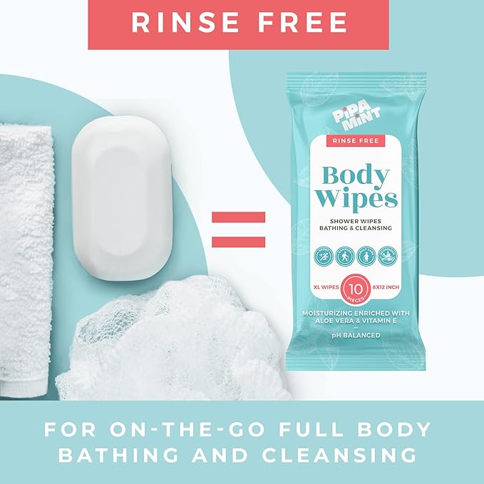 Body Wipes XL Shower Wipes Body Wipe for Adults Bathing, Traveling, Camping, Gym, Car, Elderly, Bedridden - Disposable Washcloths for Adults No Rinse 1 Box, Aloe 20 Pack (200 ct)