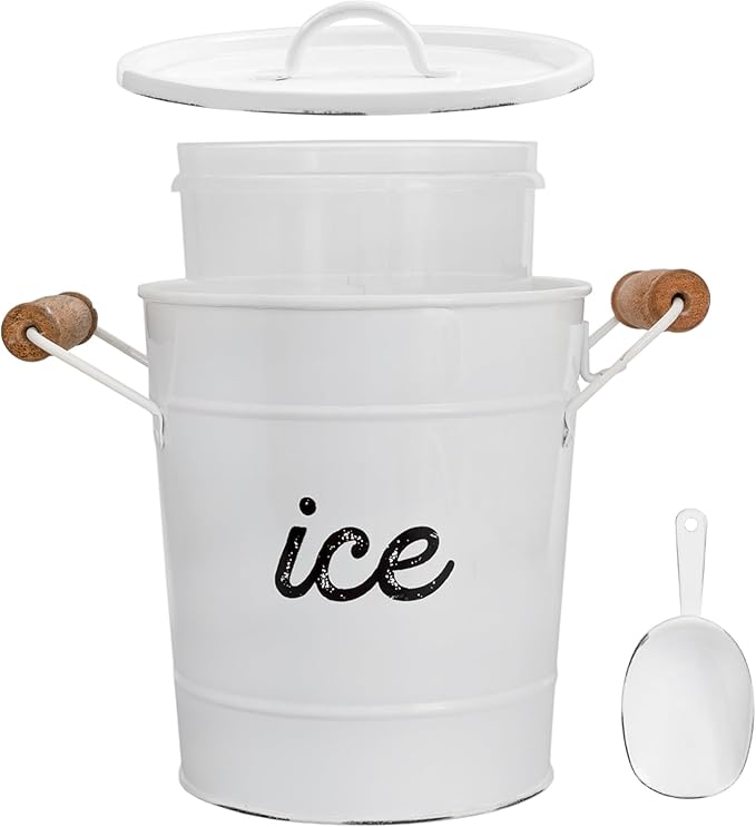 AuldHome Design Rustic Enamelware Ice Bucket; White Farmhouse Style Insulated Ice Server