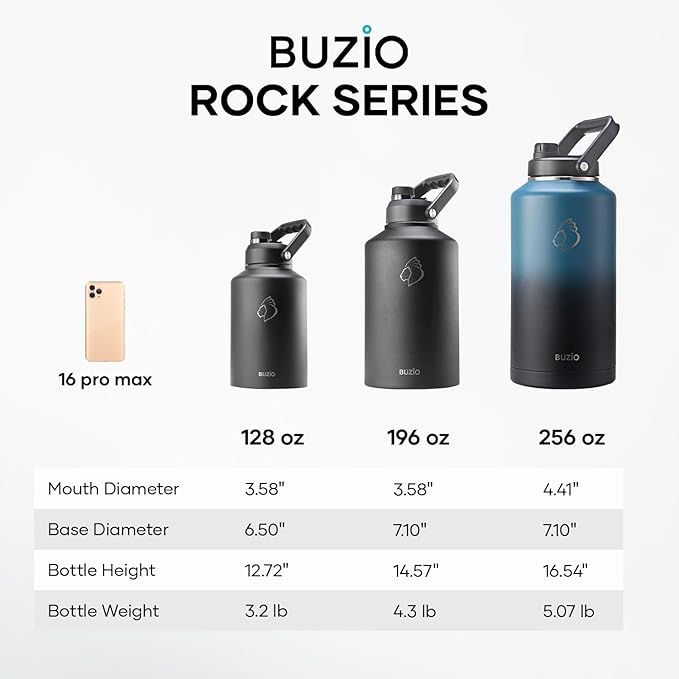 BUZIO 1.5 Gallon Water Bottle Insulated, (Cold for 48 Hrs) 196oz Large Water Jug Stainless Steel, 3.58in Big Wide Mouth Leak Proof Metal Flask with Carrying Sleeve for Camping,Gym,Travel,Indigo Crush