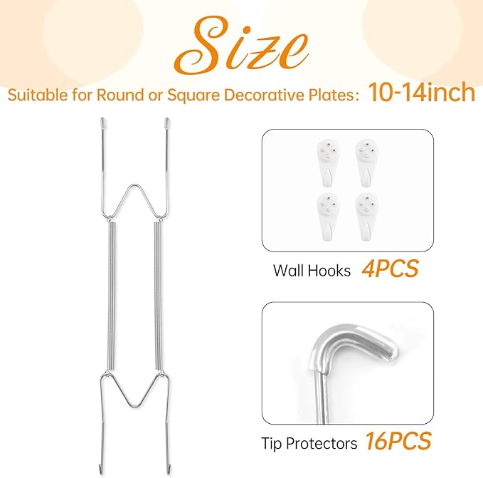 4 Pack Plate Hangers for The Wall, Suitable for 10-14 inch Art Plate, Stainless Steel Invisible Heavy Duty Wire Plate Holder with Wall Hooks, Plate Hangers for Displaying Plates, Platter, Dish, Silver