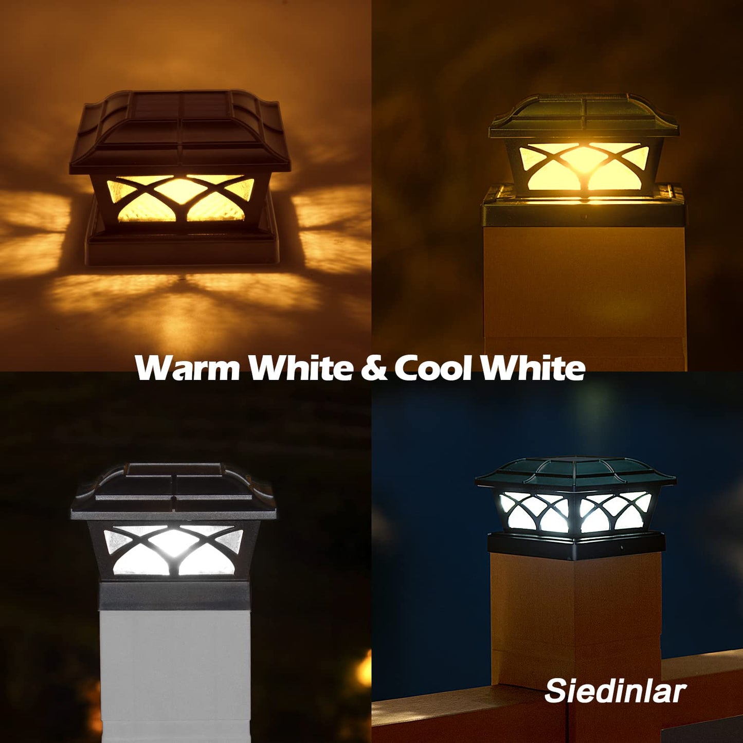 SIEDiNLAR Solar Post Cap Lights, 8 LEDs, 2 Color Modes, Glass, 4 Pack, Brown, Model SD012Z-4PK