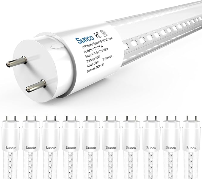 Sunco 10 Pack T8 LED Bulbs 4 Foot, 48 Inch Tube Light Bulbs Fluorescent Replacement, Single or Double Ended Hybrid Type A+...