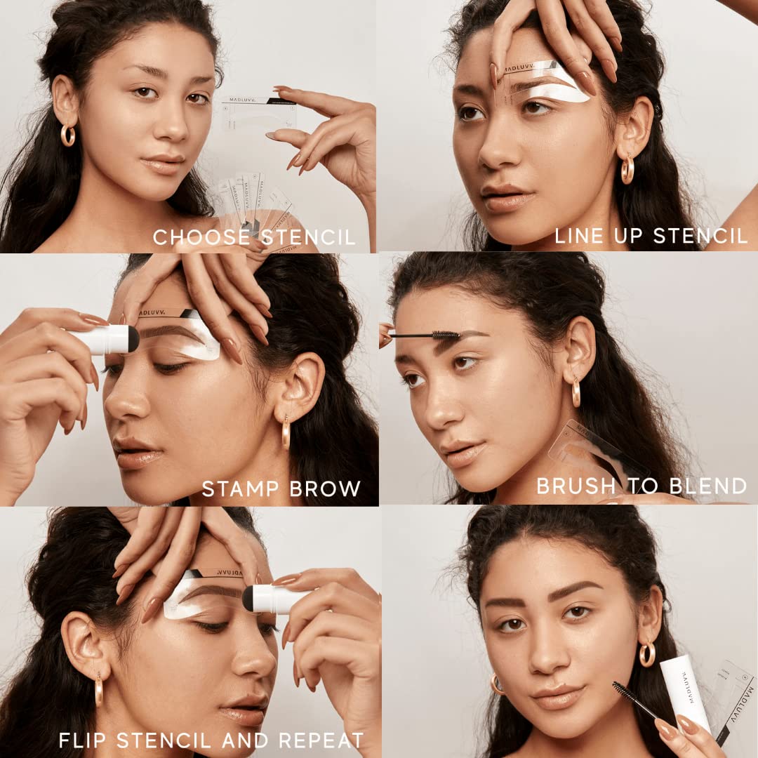 MADLUVV Brow Stamp Kit with Brow Stencils – Easy Eyebrow Shaper for Natural-Looking Brows – Popular Eyebrow Stencil Kit Used by Professionals – 9 Shapes, Spoolie, Travel Bag & Stamp (Brunette)