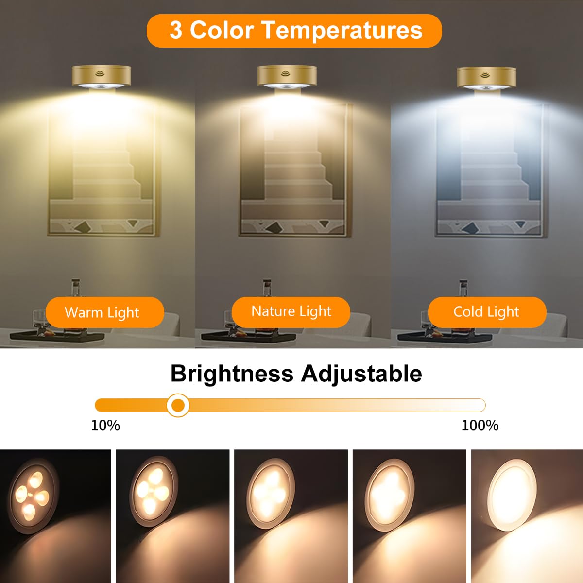 Xuolder 6-Pack Battery Operated Picture Light, Remote & Dimmable, Gold, Model xu36, Plastic, Wireless Wall Decor Puck Lights
