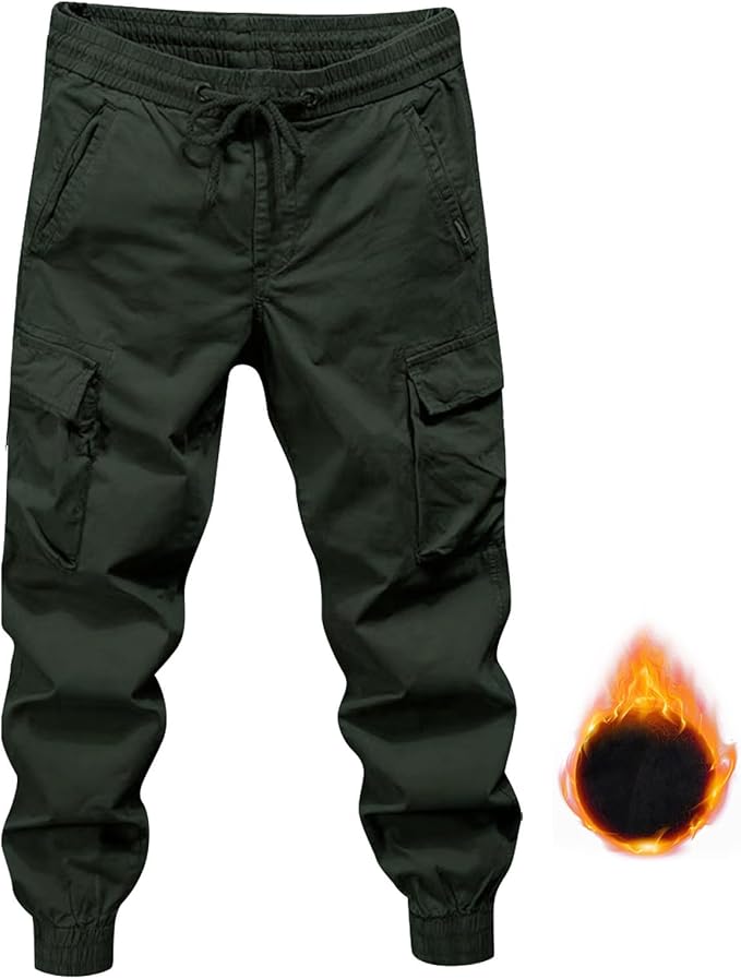 Fleece Lined Cargo Pants Men 2026 Winter Warm Elastic Waisted Cargo Pants Plus Size Cotton Outdoor Tactical Hiking Trousers