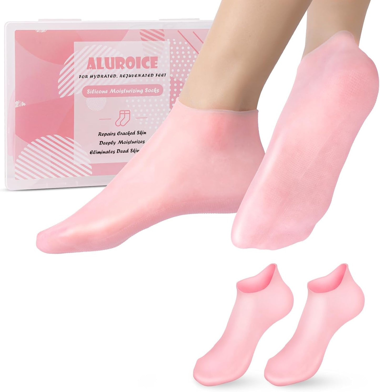 Aluroice 1 Pairs Silicone Moisturizing Socks for Dry Cracked Feet Women, Soft Gel Pedicure Foot Spa Aloe Socks, Anti-Slip Moistu