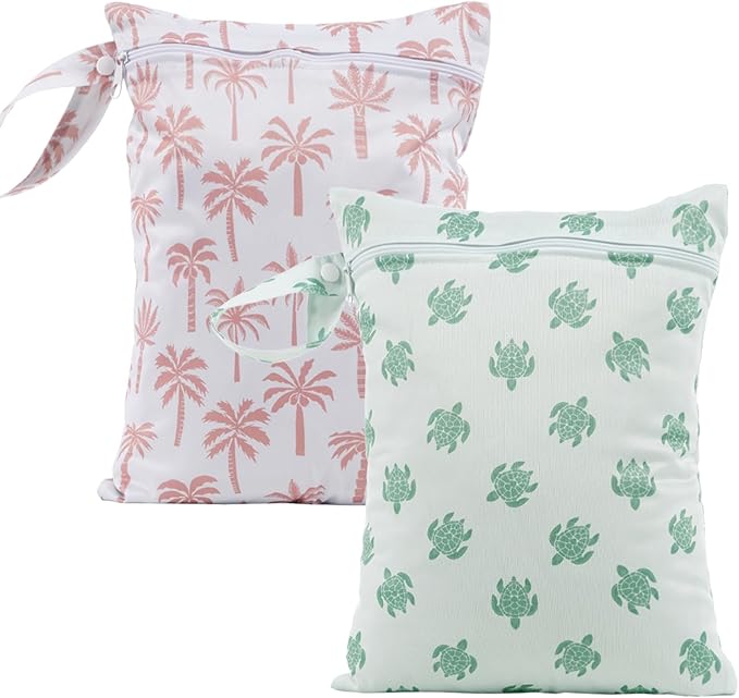 2Pcs Baby Wet Dry Bags for Cloth Diaper,Waterproof Reusable Travel Bags, Beach, Pool, Gym Bag for Swimsuits, Beach Vacation Essentials (Coconut Tree and Turtle)