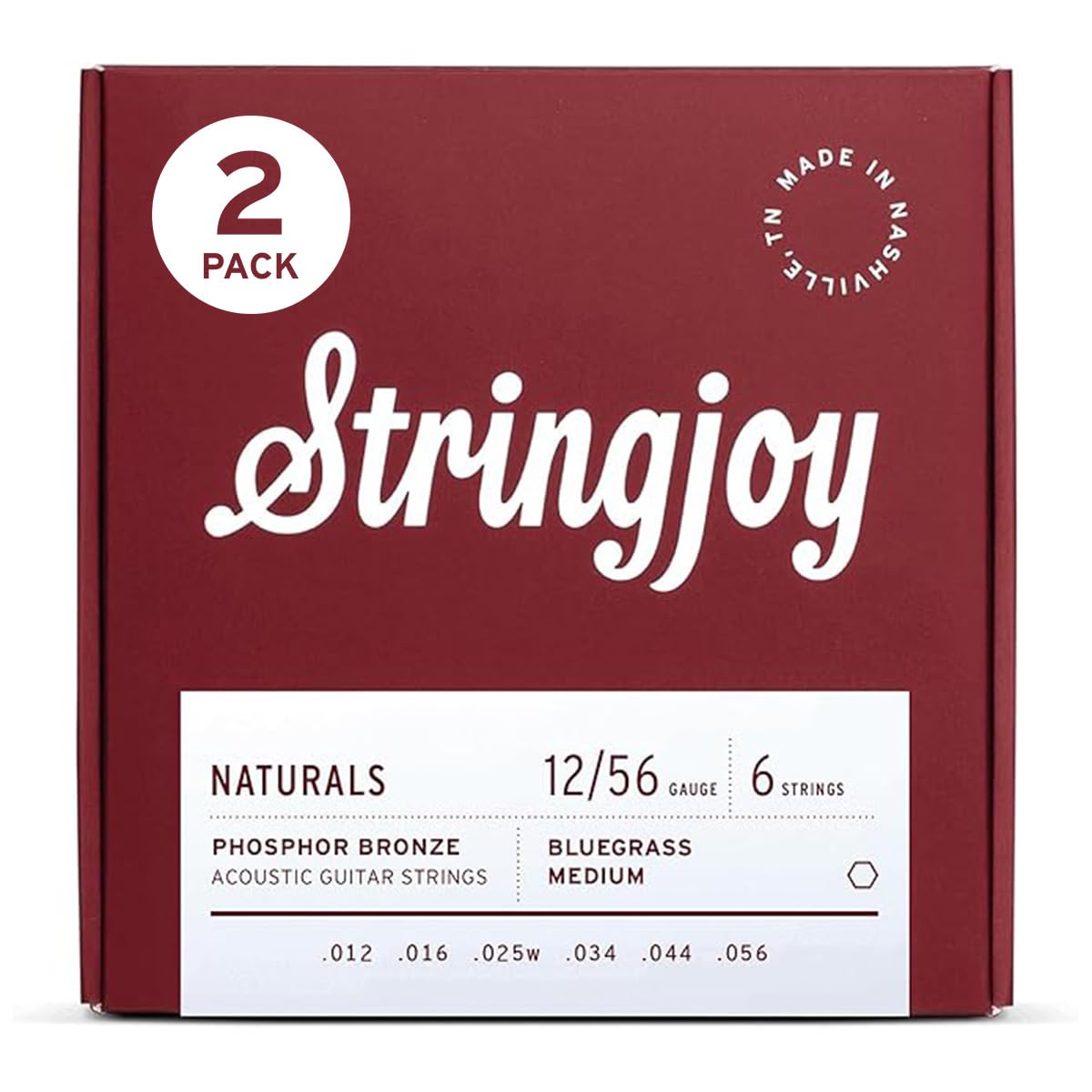 Stringjoy Bluegrass Medium Gauge Naturals Phosphor Bronze Acoustic Guitar Strings 12-56, NB1256, Long-Lasting Clear & Shimmering