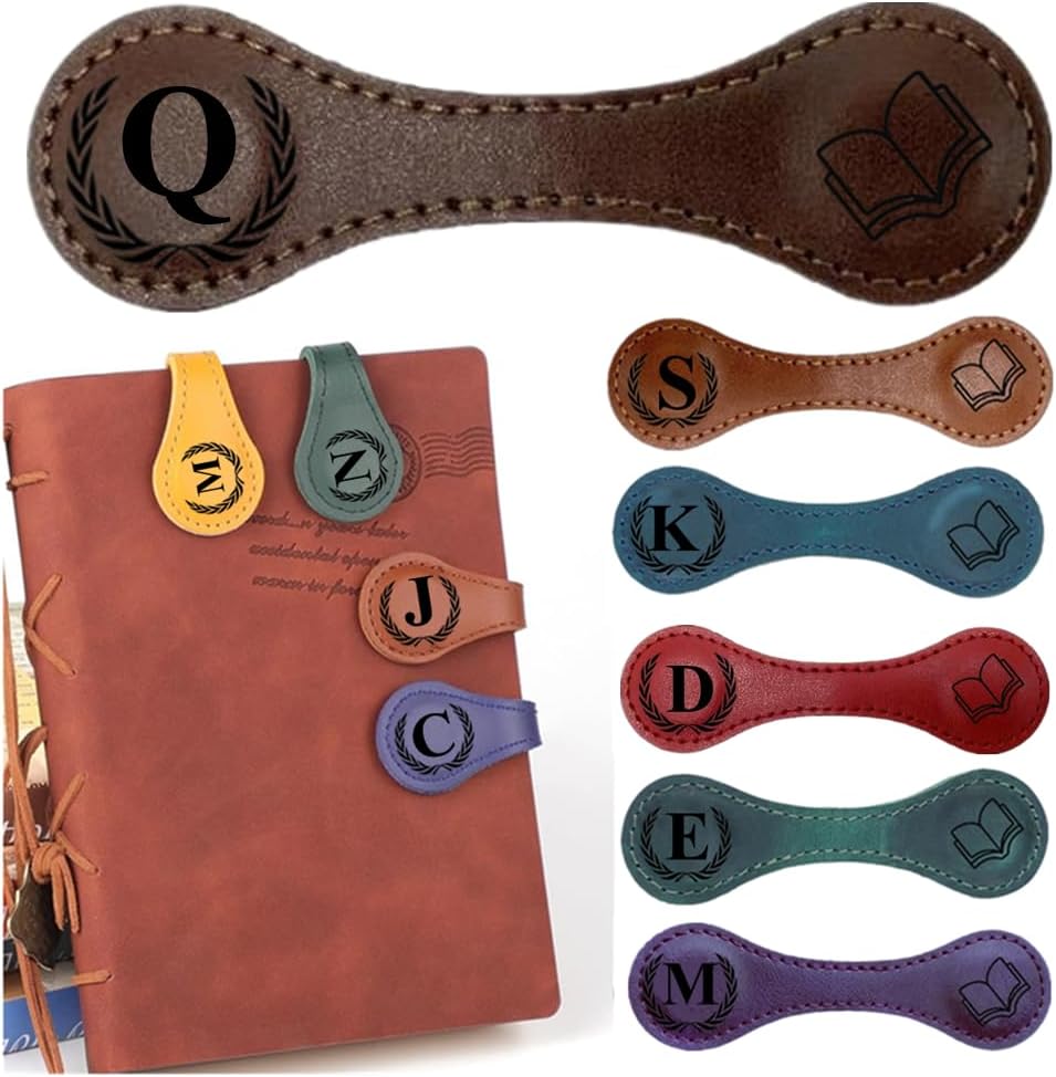 Personlized Magnetic Leather Bookmarks with Initials, Customized Book Marks Clip 26 Letters Bookmark for Reading Women, Men, Kids,Cute Book Markers Meaningful Gift for Book Lovers (Dark Brown, Q)