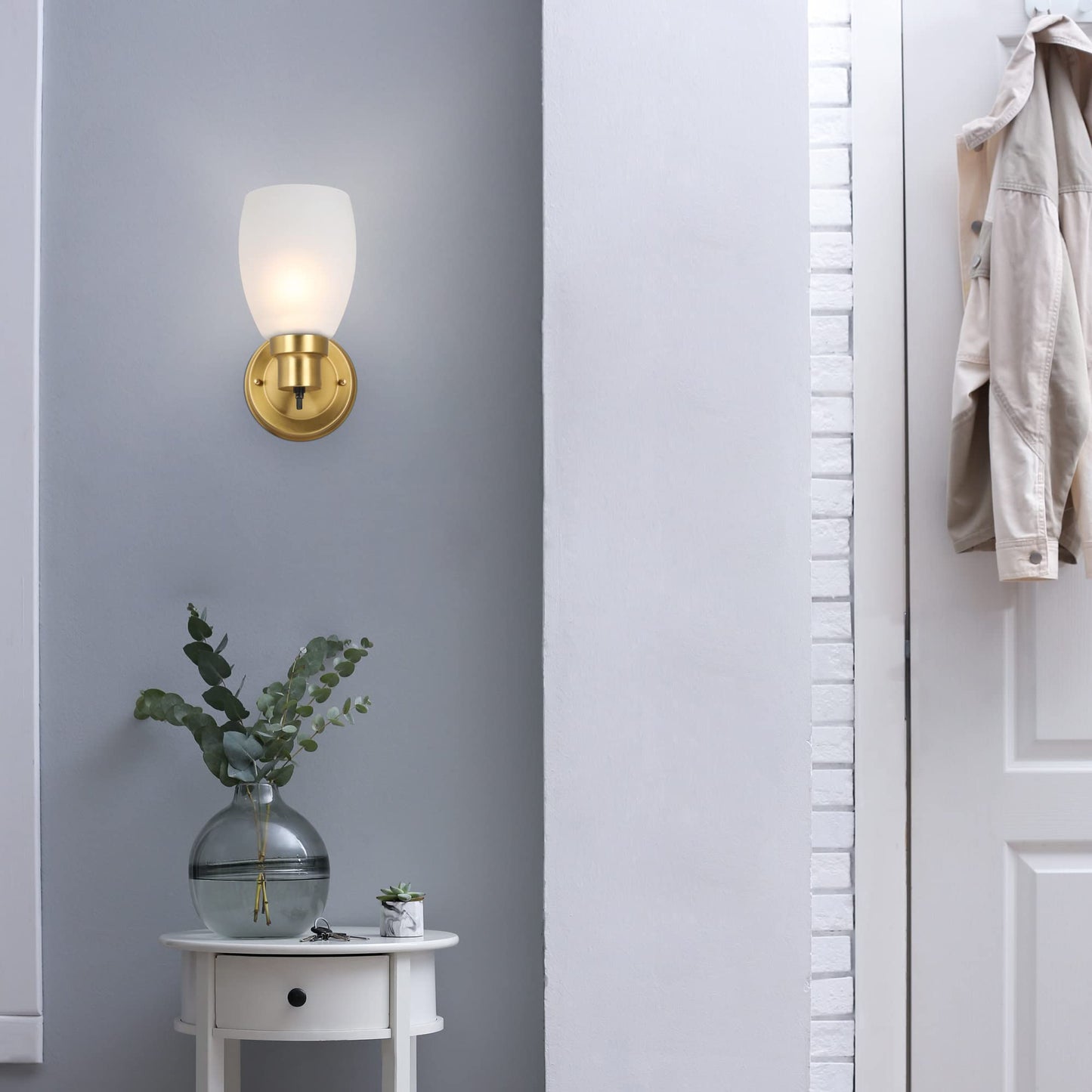 Design House Lydia Wall Sconce, 1 Light, Frosted Glass, Dimmable, Satin Gold, 4.88 in x 5.125 in x 9.75 in, Model