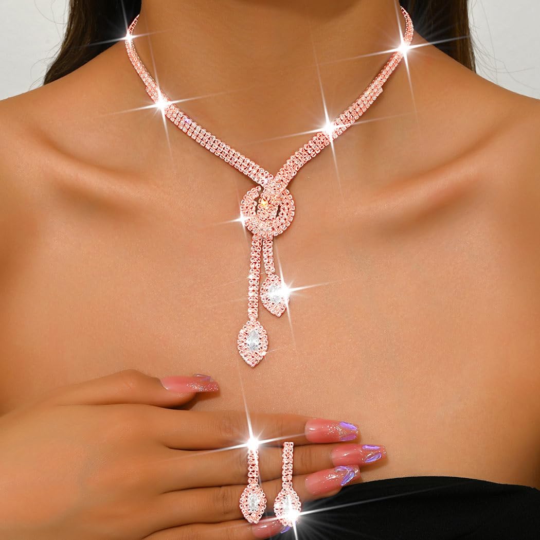 Unicra Pink Rhinestone Bridal Wedding Jewelry Set Crystal Necklace Earrings Sets Formal Prom Costume Jewelry Sets for Women and