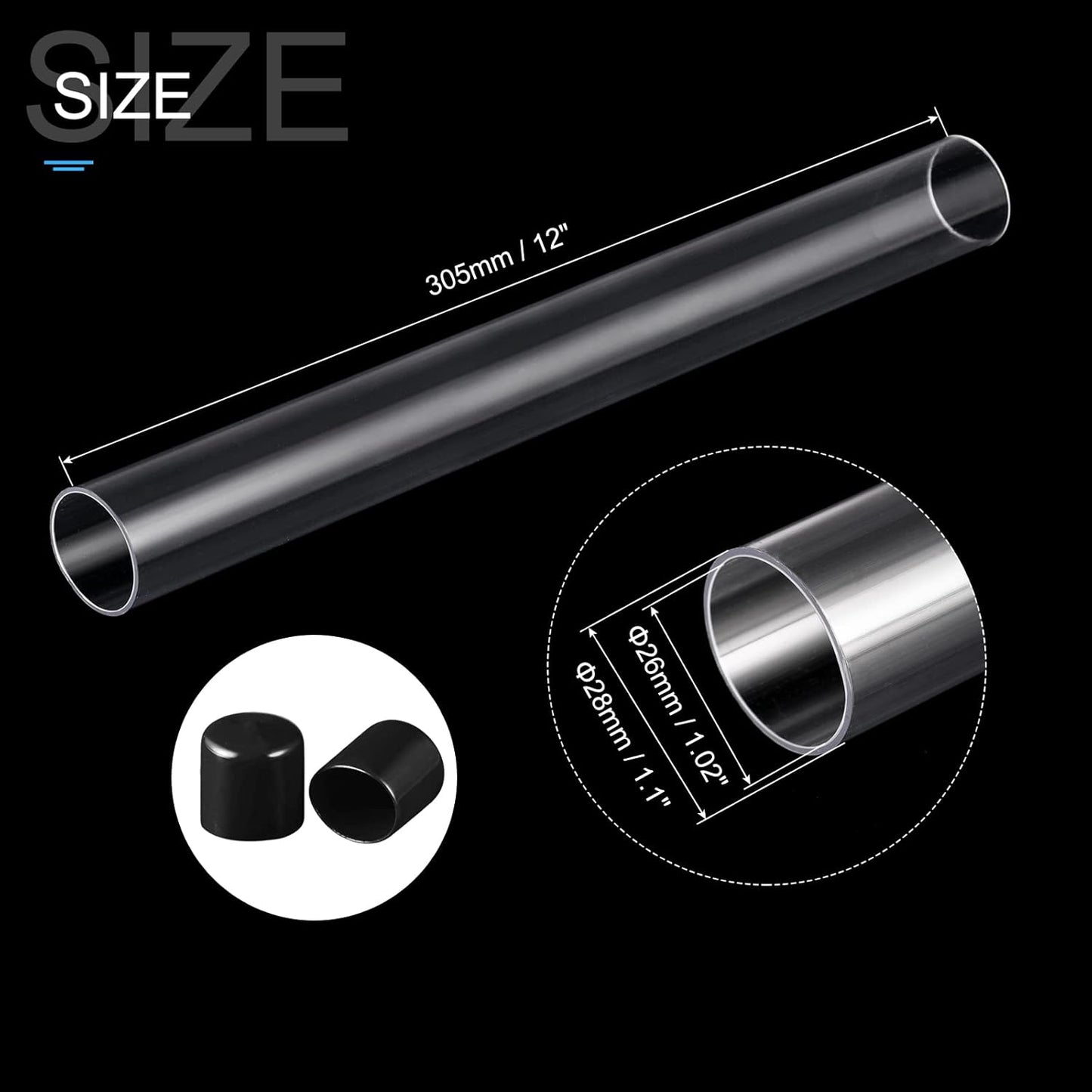 PATIKIL Clear Rigid Tube Round Plastic Tubing with Black Rubber Caps Polycarbonate Water Pipe, 305mm/ 12 Inch Length, 26mmx28mm/1.02"x1.1", 2 Set