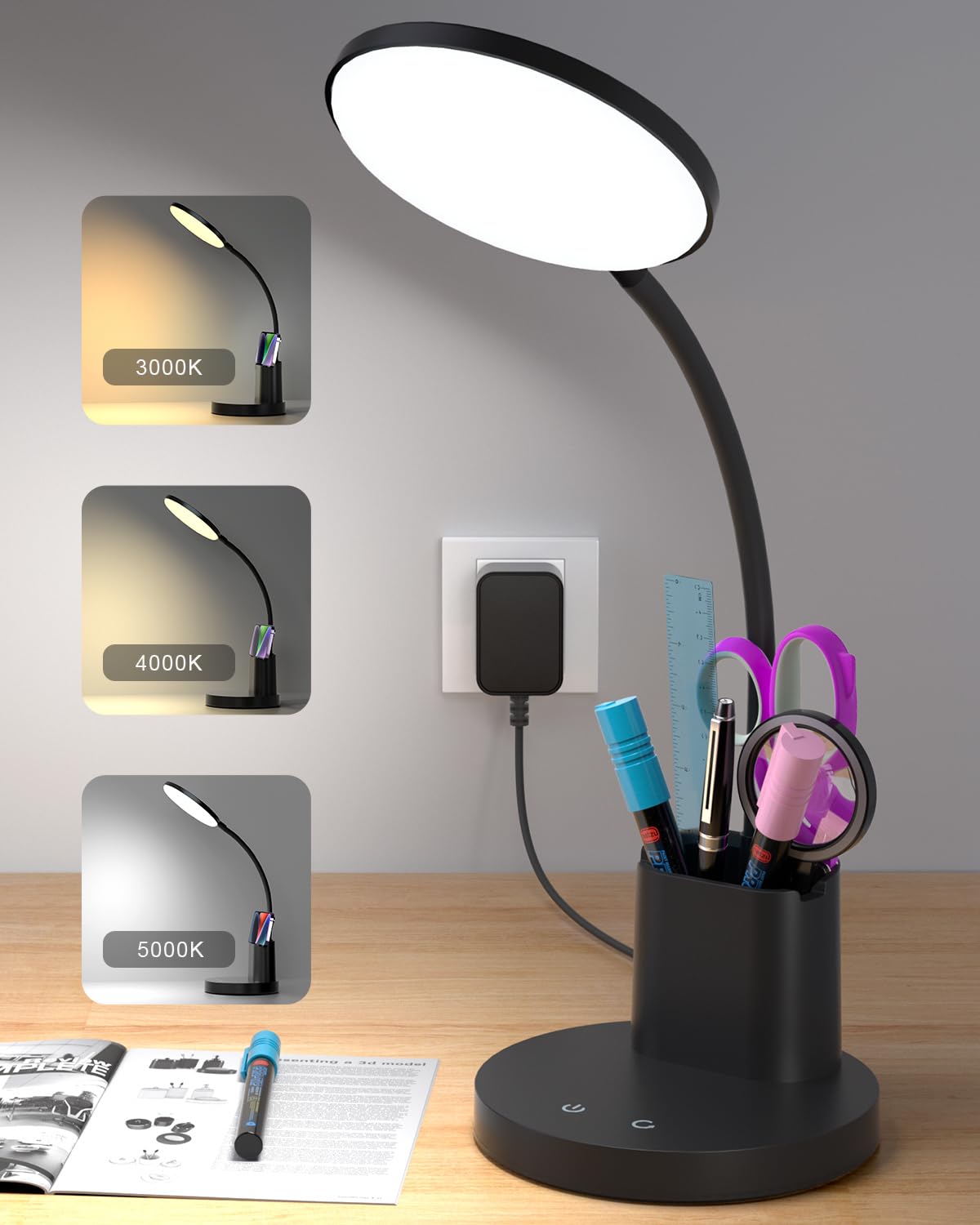 Sailstar LED Desk Lamp, 3 Lighting Modes, 800LM, Touch Control, Dimmable, 360° Gooseneck, Simple Black, Model SA-DL-JCK-