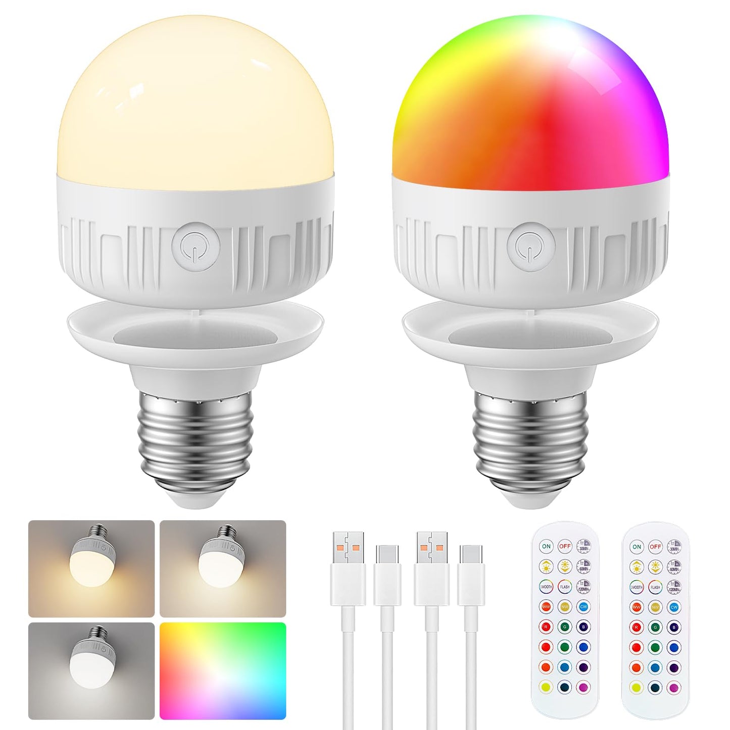 LGMCF Rechargeable Light Bulb with Remote - 6W Dimmable LED, 450LM, 15 Colors, E26, 2-Pack, Magnetic, Model JHW088