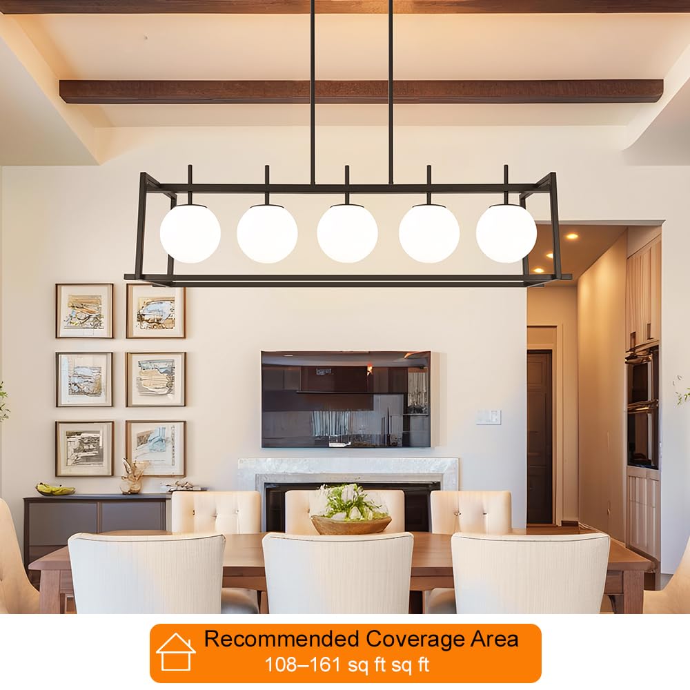 Dsmjfu Black Farmhouse Rectangular Chandelier For Dining Room  5-Light Linear Pendant Lighting  Rectangular Kitchen Island Light With Milky White Glass Ball Shades  Adjustable Height Hanging Lighting