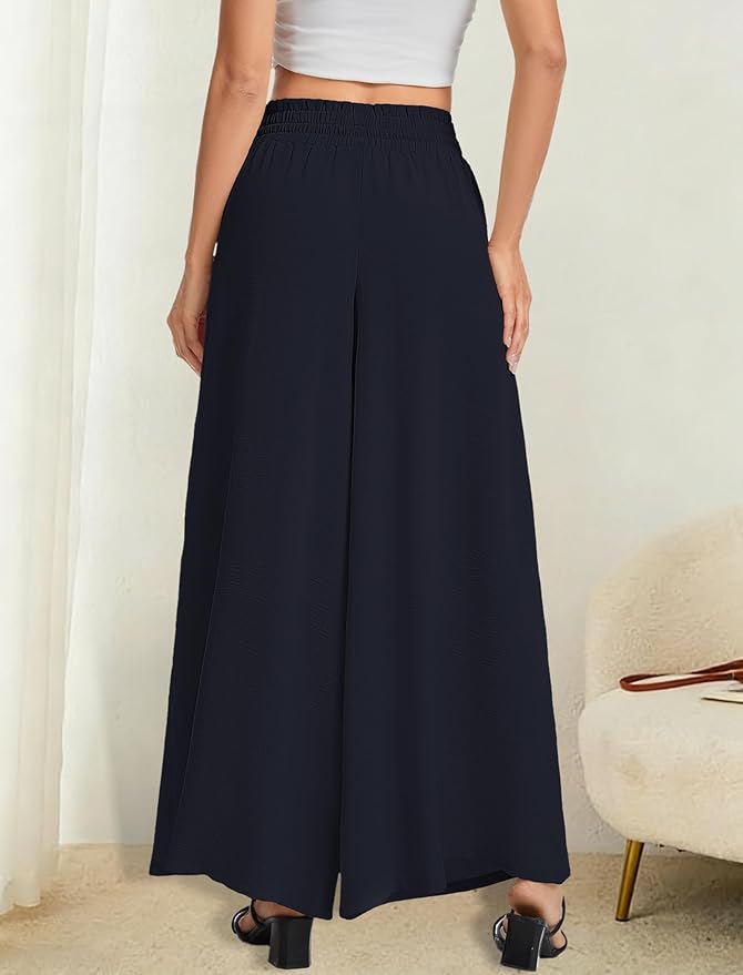 Women’s Wide Leg Pants Drawstring Elastic Waist Casual Trousers Lightweight Loose Lounge Pants with Pockets