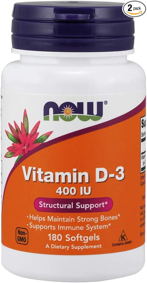 NOW Foods Vitamin D-3 400 IU Softgels, 2 pk, 180 Count (Pack of 2)