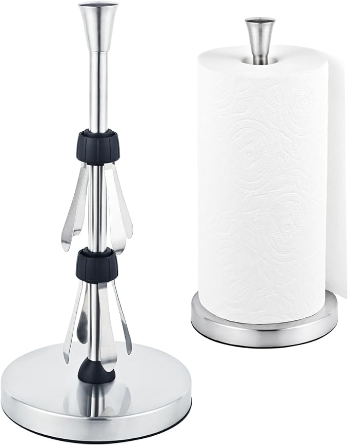 Stainless Steel Paper Towel Holder – Heavy-Duty Base & Suction Cup, Non-Slip for Countertops, One-Hand Tear Design, Fits All Roll Sizes