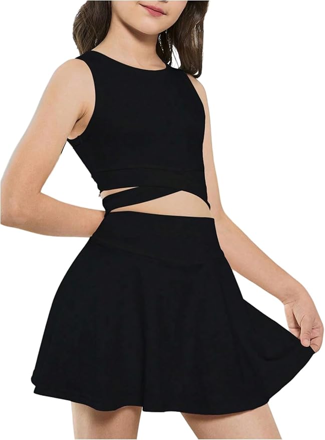 WDIRARA Girl's Workout Outfits Crisscross Crop Tank Top and Flare Skort Skirt Set