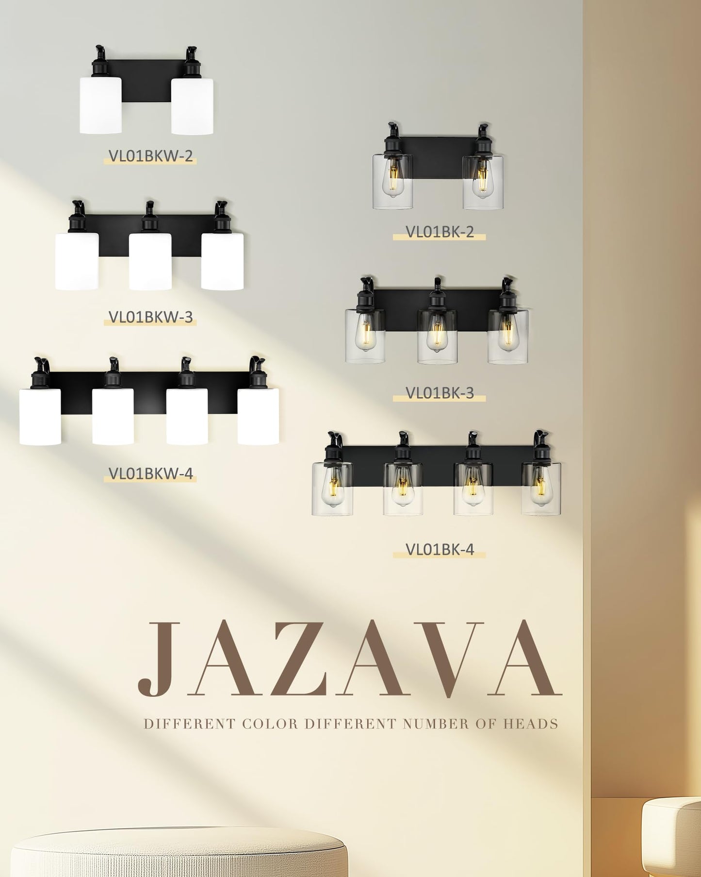 JAZAVA Black Vanity Light, 3-Light Bathroom Light Fixture, Modern Wall Sconce with Milk Glass, VL01BKW-3
