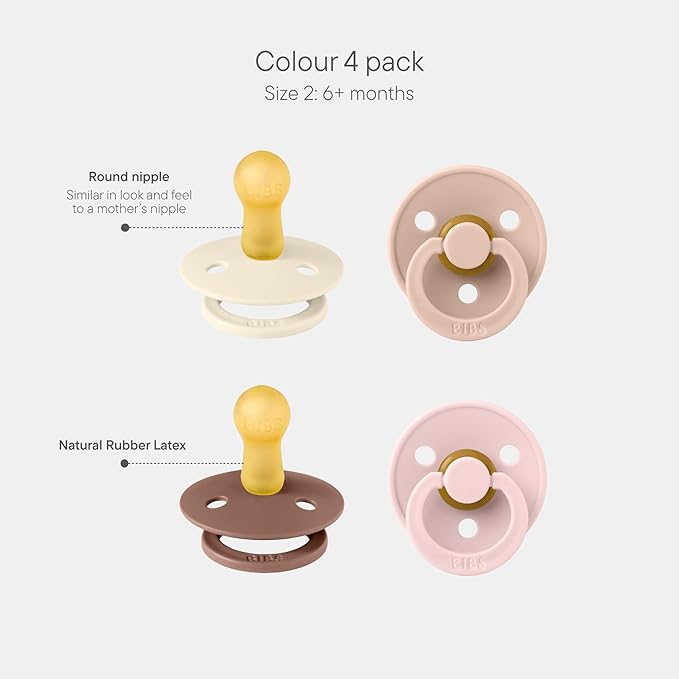 BIBS Pacifiers - Colour 4-Pack | BPA Free Baby Pacifier | Round Nipple Binkies | Natural Rubber Latex Soother | Made in Denmark | Size 1 (0-6 Months) | Vanilla Mix
