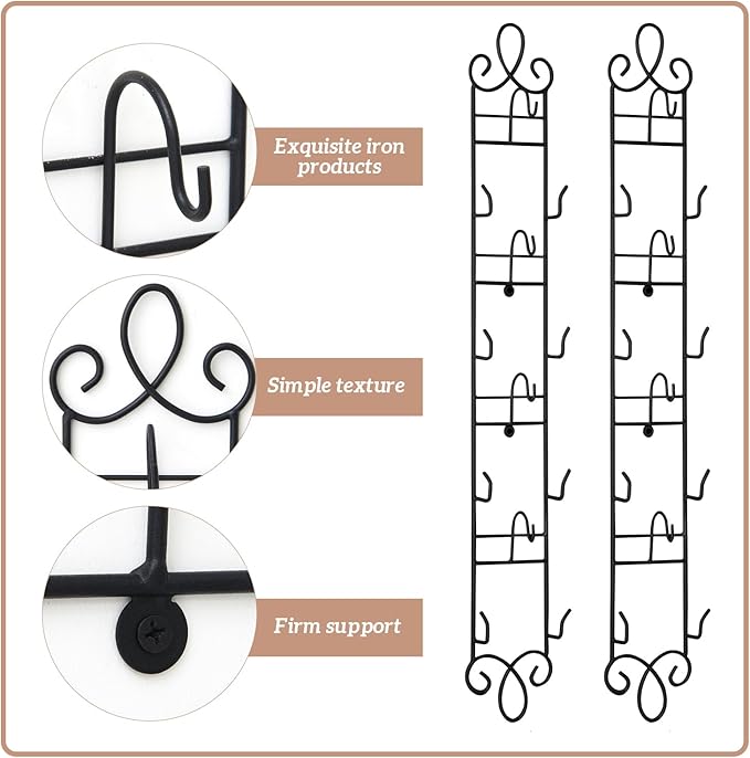 Blulu 2 Pcs 36'' x 5'' Tea Cup and Saucer Display Stand 4 Tiers Vertical Wall Mounted Cups Plate Holder Wall Plate Hangers Decorative Brackets for China Coffee Mug Gifts Thanksgiving Christmas (Black)