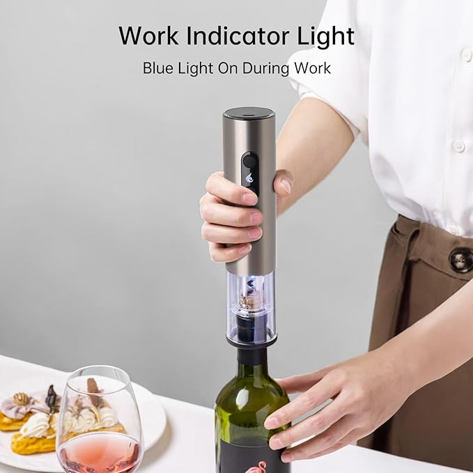 Rechargeable Wine Opener by ELMWAY, Electric Wine Bottle Opener with Foil Cutter, LED Light and Stainless Steel Shell, Cordless Corkscrew & Cork Remover, Gifts for Wine lover- Black