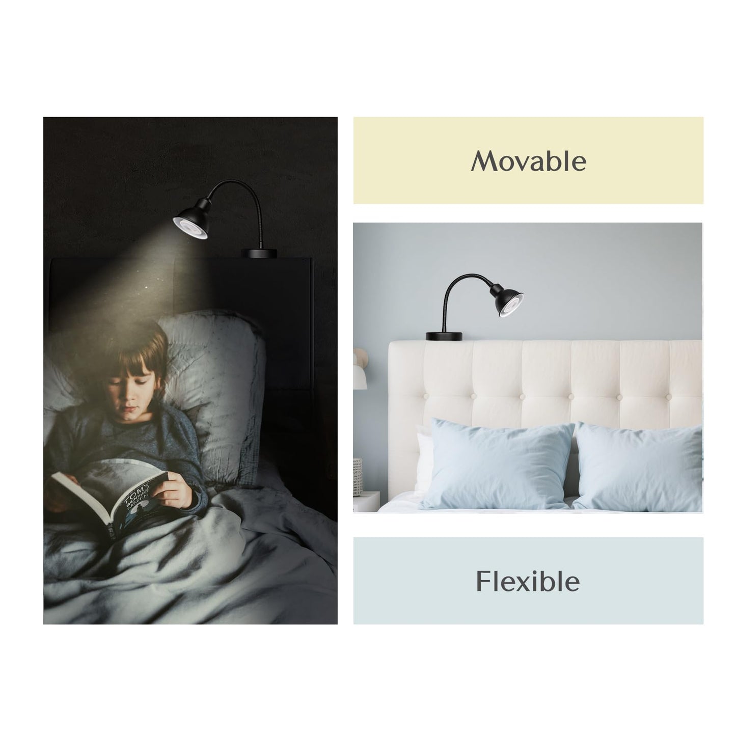 Solfres Innovative Design Headboard Reading Light. No Drilling Golden Book Light For Bedtime Reading. Dimmable Led Book Reading Lamp With Bulb. Movable & Flexible  Black